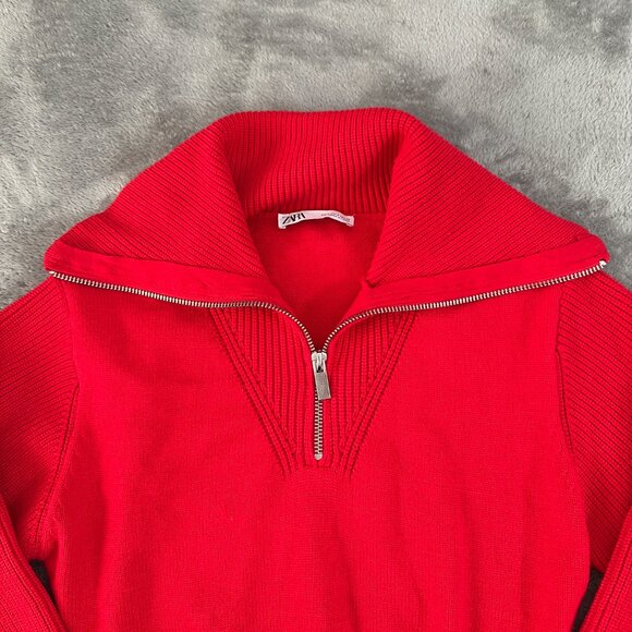 Zara Red Shawl Collar 1/4 Zip Sweater Women's size SMALL - Picture 2 of 7